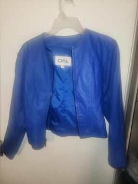 Chia Electric Blue Collarless Leather Jacket for Women